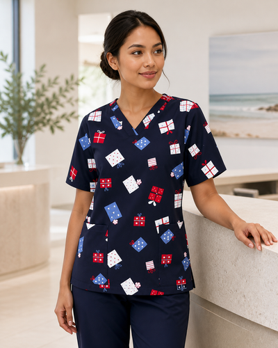 Womens Navy Christmas Scrub Top