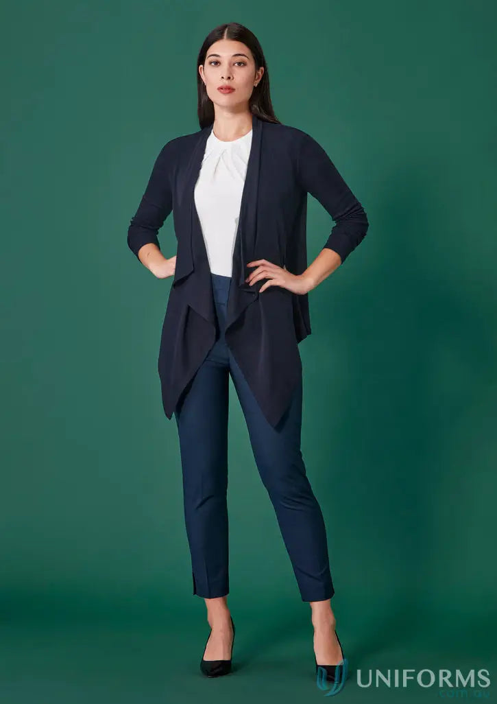 Women’s Renew mid-waist slim pants in recycled polyester, dark blue cardigan outfit