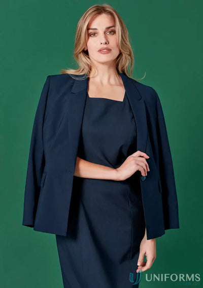 Navy blue womens renew double longline jacket with blazer style in recycled polyester