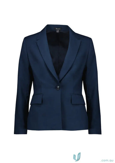 Navy blue womens renew single button mid length jacket blazer for a stylish look