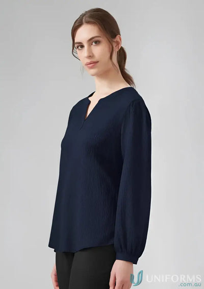 Navy blue womens Ruche long sleeve blouse with V-neck notch for a stylish look