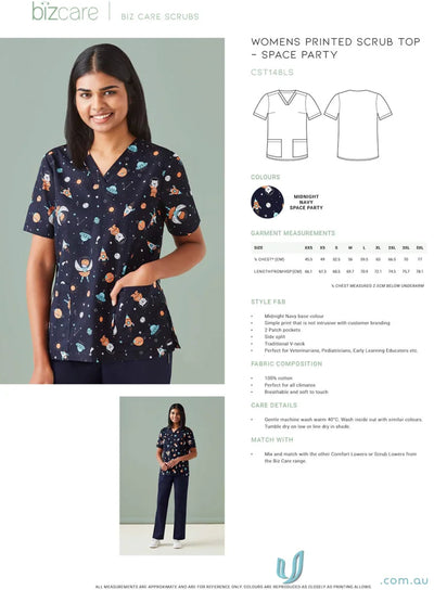 Women’s space-themed scrub top featuring printed space party design for a fun look