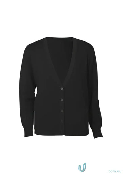Black wool mix cardigan with v-neck, subtle button closure, and ribbed cuffs perfect for workwear uniforms