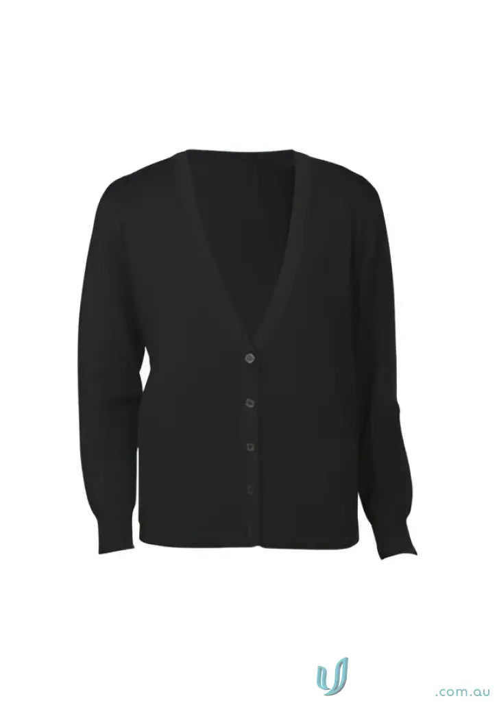 Black wool mix cardigan with v-neck, subtle button closure, and ribbed cuffs perfect for workwear uniforms