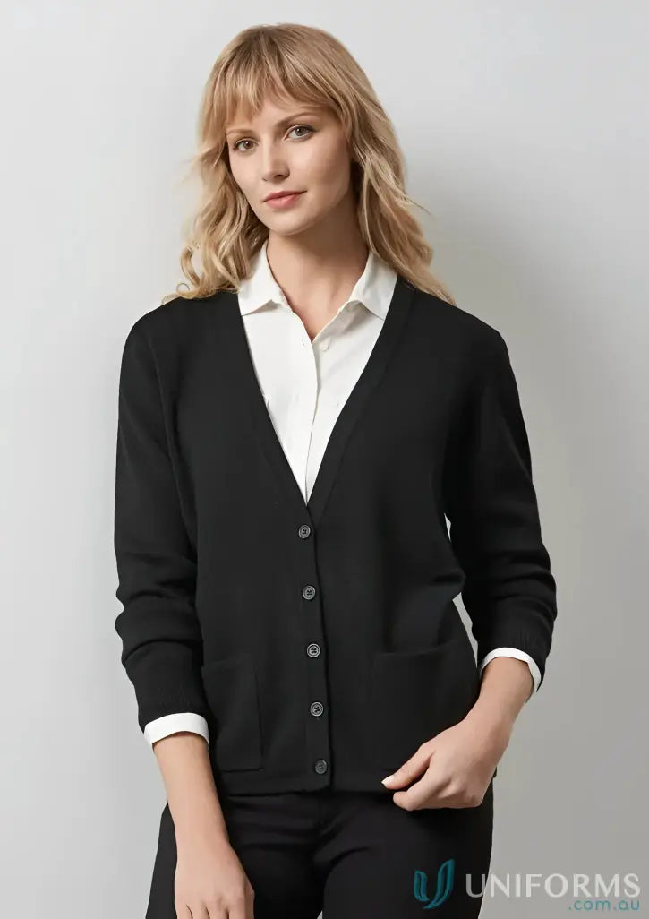 Black wool mix cardigan with v neck white buttons and contrasting cuffs perfect for workwear uniforms
