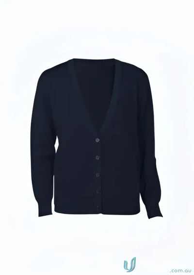 Black wool mix cardigan with v-neck, subtle button closure, and ribbed cuffs perfect for workwear uniforms