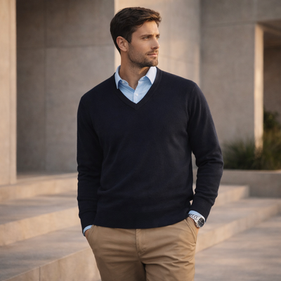 Navy blue v-neck woolmix knit pullover over light blue shirt