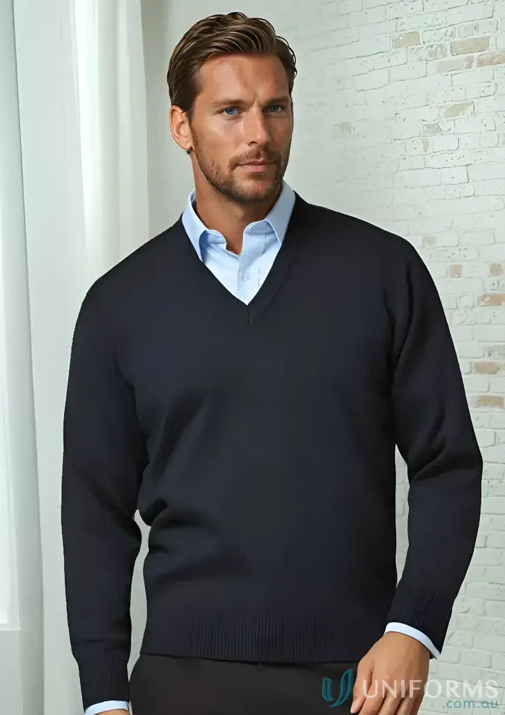 Mens navy Woolmix Knit Pullover over light blue shirt from Biz Collection Woolmix