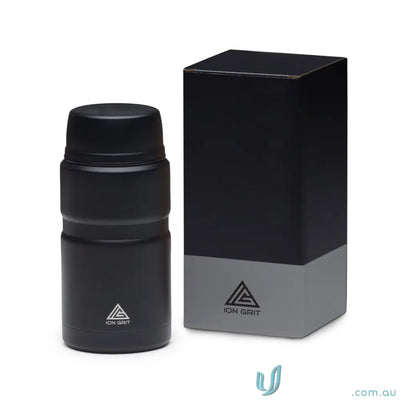 Black insulated food jar with packaging and foldable spoon, 750ml matt black design