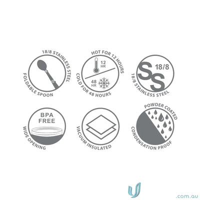 Image showing features of WorkFuel 750ml Insulated Stainless Steel Food Jar in matt black with foldable spoon