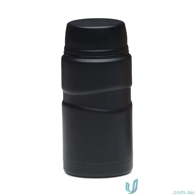 Matt black 750ml insulated food jar with textured grip and foldable spoon inside