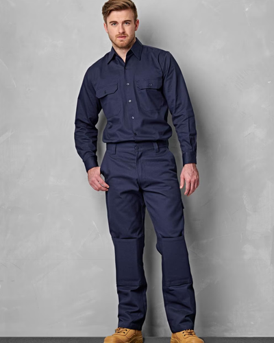 Navy blue long-sleeved work shirt with two chest pockets and button closures ideal for durable work uniforms and workwear