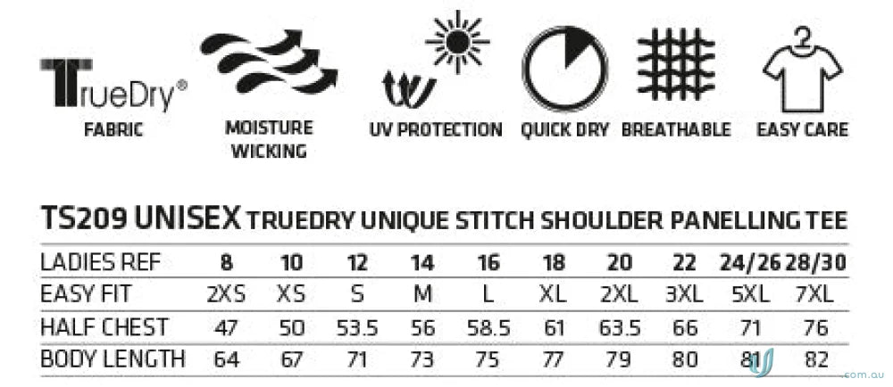 XStreet TrueDry Tee graphic showing features and sizing with unique shoulder panel stitching