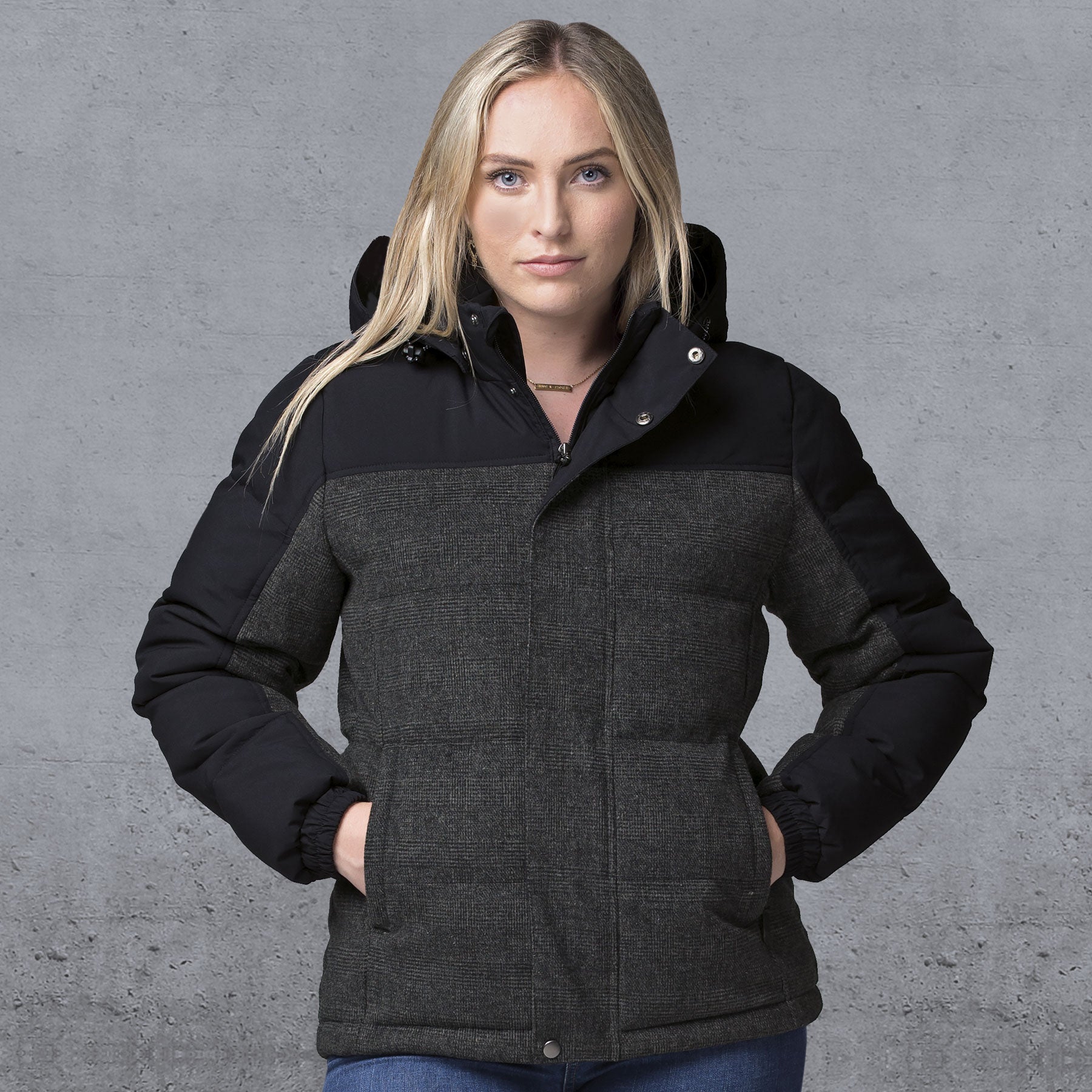 XT Plunge Jacket: black charcoal gray puffer plunge jacket in microfibre fabric gear