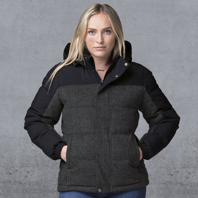 XT Plunge Jacket: black charcoal gray puffer plunge jacket in microfibre fabric gear