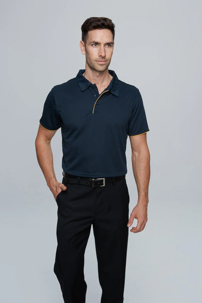 Dark navy Yarra Polo with gold-trimmed collar for work uniforms