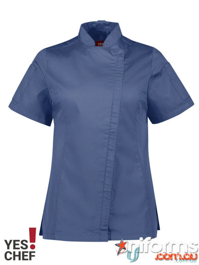 Blue ladies alfresco chef ss jacket with short sleeves for outdoor cooking