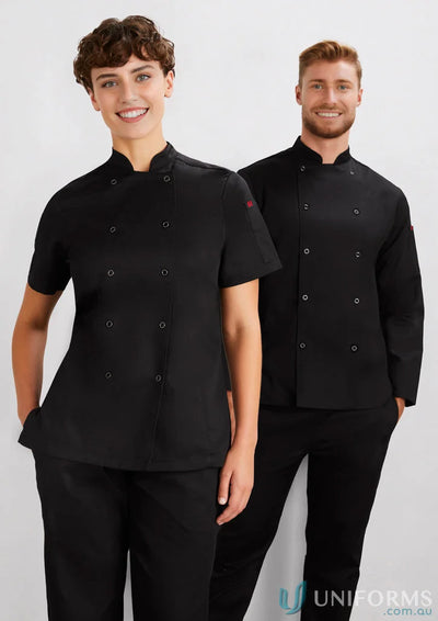 Two chefs in black zest ss chef short sleeve jackets showcasing style and professionalism
