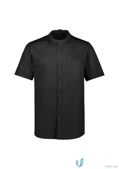 Black short-sleeved band collar shirt for men’s salsa, salsa short sleeve chef shirt