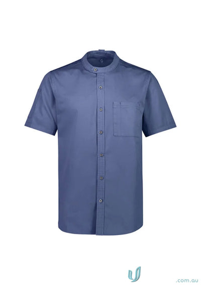 Blue men’s salsa short sleeve band collar chef shirt from Yes Chef Salsa SS collection