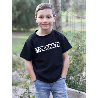 Boy’s black graphic tee.