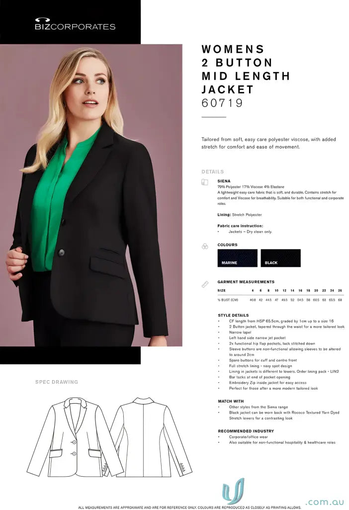 Women’s two-button Siena mid length jacket with flattering silhouette and tapered waist