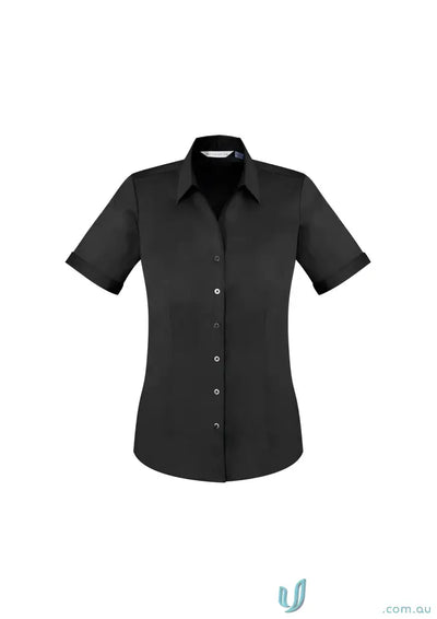 Black short-sleeved button-down shirt from YR Ladies EMB SS Shirt, perfect for women’s Monaco style
