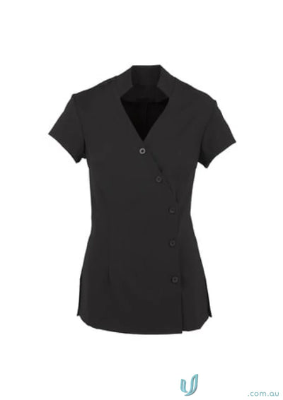 Womens Zen Mandarin Collar Tunic with stain release and asymmetrical button closure