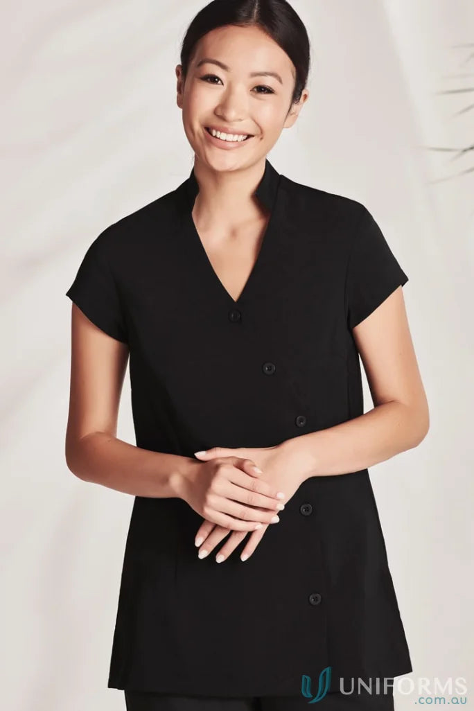 Womens Zen Mandarin Collar Tunic with stain release and asymmetrical button closure