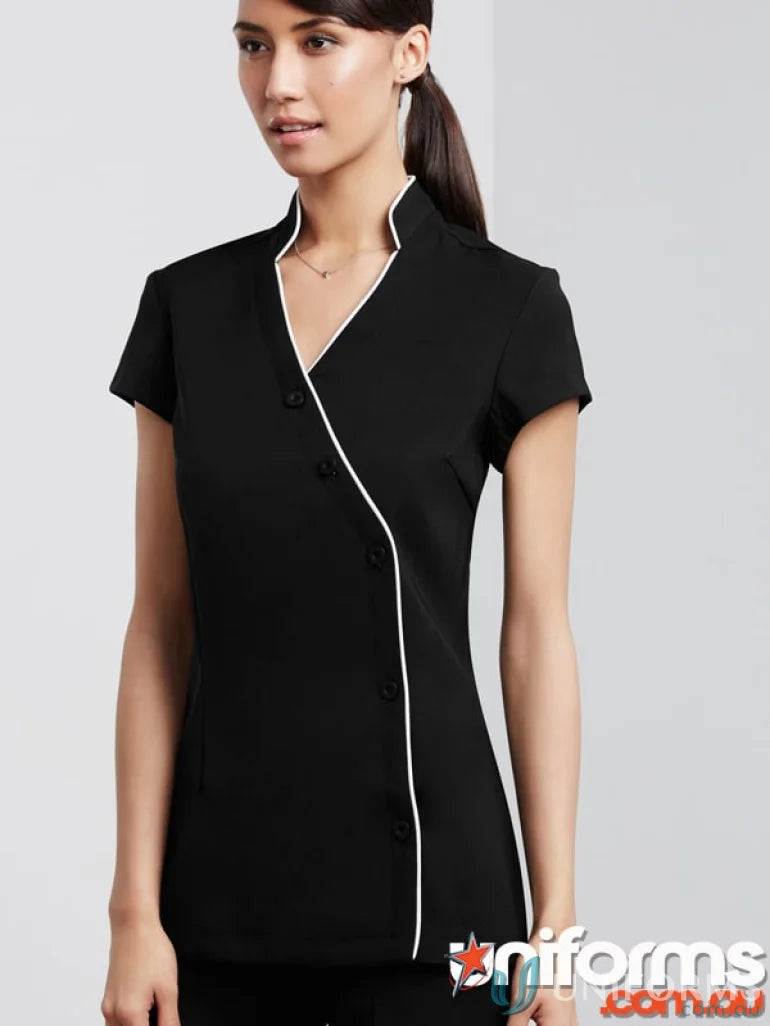 Womens zen black tunic with white trim and mandarin collar, stain release fabric