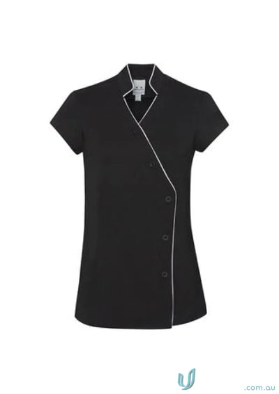 Womens Zen mandarin collar tunic with stain release, black with white trim