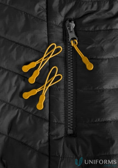 Black quilted jacket with yellow zipper pulls from Zippies collection j744 featuring eyelet head zippers, a powerful solution