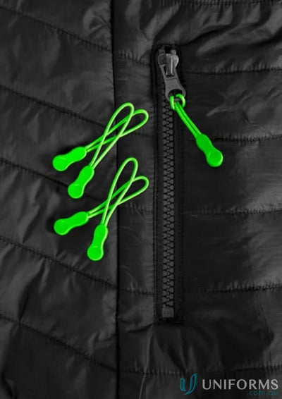 Black quilted Zippies jacket with green eyelet head zippers from collection Zippies J744
