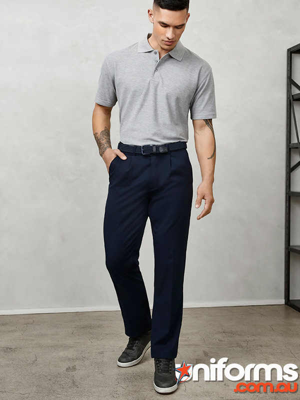 Image of man wearing light grey polo with navy BS10110R Biz Collection Detroit Pants