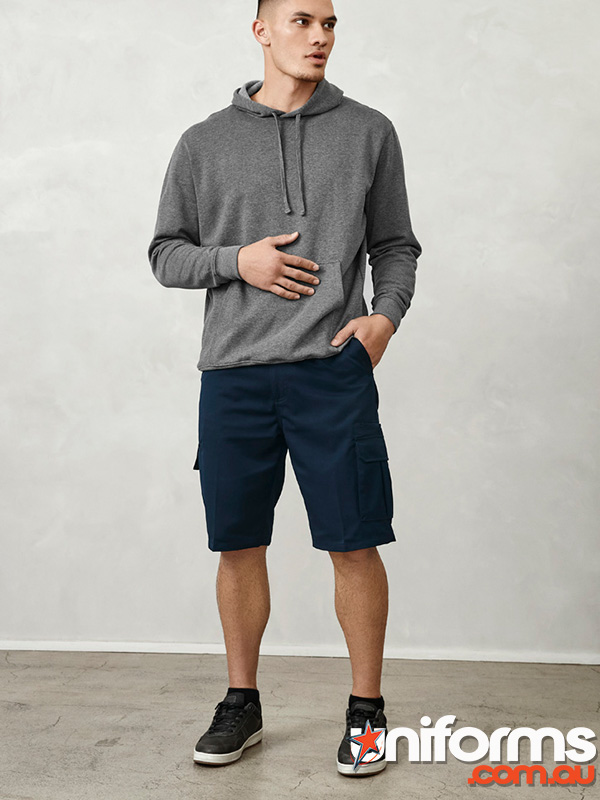 A man wearing a hoodie and shorts stands for a photo, highlighting the comfort and durability of the BS10112R BIZ COLLECTION shorts.