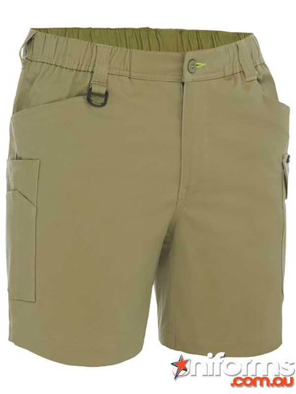 Men's khaki cargo shorts by Bisley Range, featuring a lightweight design and elastic waist for optimal comfort and flexibility.