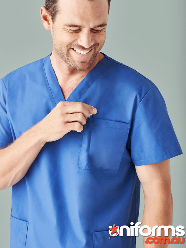 H10612_Royal_b_Biz_Collection_Uniforms__1729058272_957.jpg A man in a blue scrub suit smiles confidently, showcasing the Biz Collection Unisex Classic Scrub Top H10612.