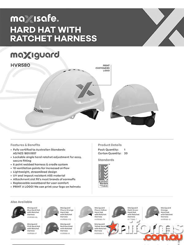 1pk.Maxisafe Vented Hard Hat - Ratchet Harness | Hard Hats