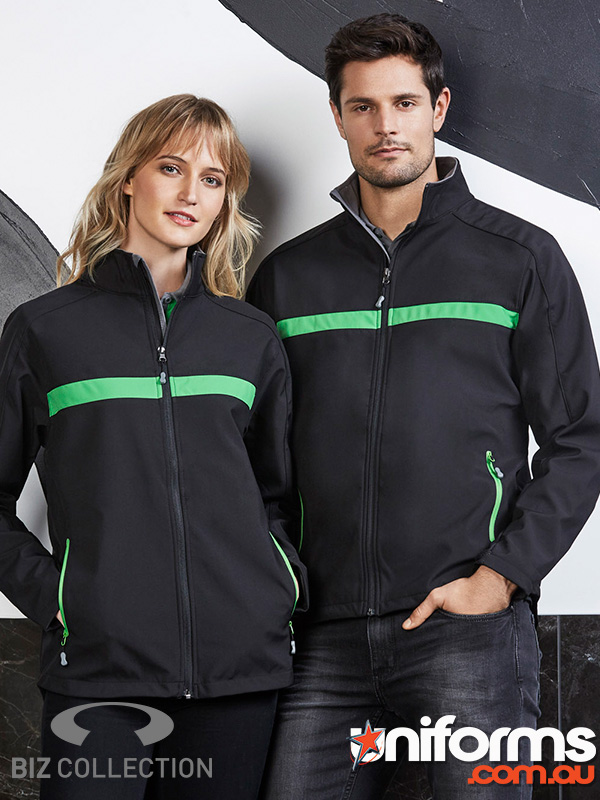 Two individuals in black and green jackets, showcasing the Biz Collection Unisex Charger Jacket J510M.