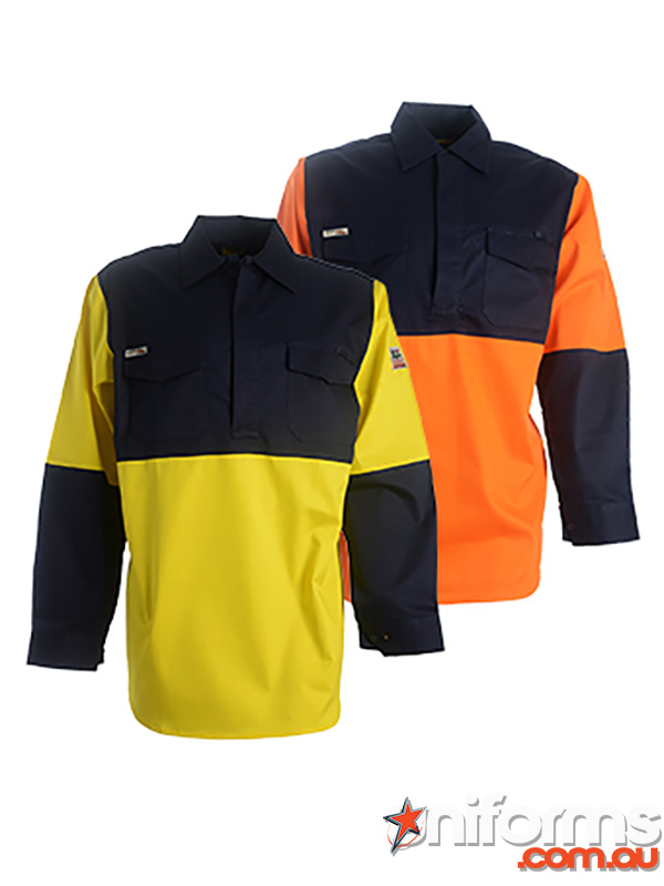 GLOFLASH Welders L/S Shirt displaying the hivis orange/navy and the yellow/navy.