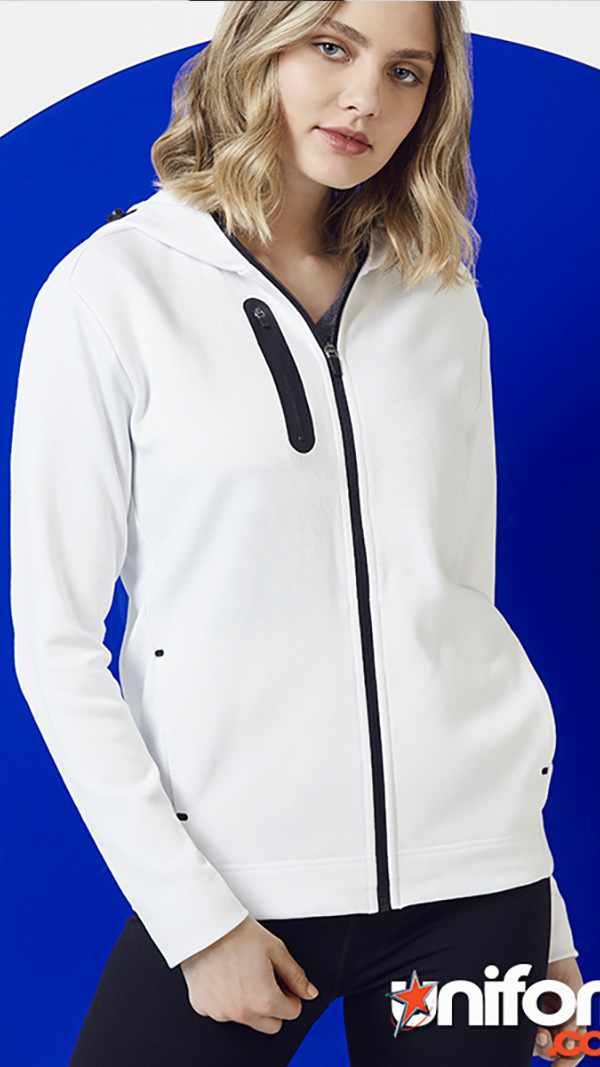 A woman models a white jacket with black trim, showcasing the SW926L CLEARANCE Ladies Neo Hoodie style.